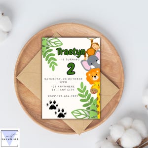 Invito di compleanno digitale, modificabile, a tema safari, invito con animali della giungla, invito di compleanno selvaggio, invito per festa a tema safari nella giungla