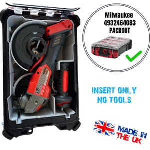 May include: A black and red power tool insert, housing a grinder. The image includes a Milwaukee Packout container and text stating "INSERT ONLY NO TOOLS" and "MADE IN THE UK".