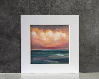 CREPUSCULAR... Original oil pastel painting, Landscape, vibrant sunset, orange, turquoise,  small square abstract art, gift, ready to frame