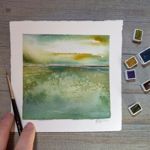 SEASALT... Giclée Druck, natürliches Aquarell, Seelandschaft, abstrakte Landschaft, kleines Gemälde