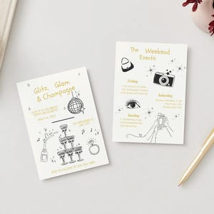 May include: Two white cards with black and gold text and illustrations. The card on the left says "Glitz, Glam & Champagne" and has a champagne tower, a disco ball, and a bottle of champagne. The card on the right says "The Weekend Events" and has a purse, a camera, an eye, and a hand holding a glass of champagne.