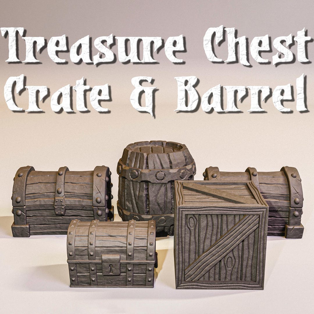 Treasure Chest, Barrel, Crate 3D Miniature | Fantasy Dungeon Props ...