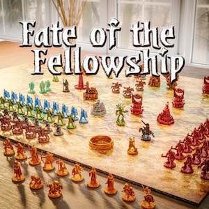 May include: A board game titled "Fate of the Fellowship" is set up, featuring miniature figures in green, blue, red, and orange. A golden ring is also present. The game board has a map design. The game is set on a table.