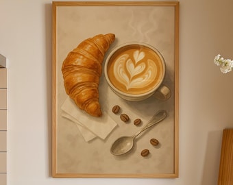 Stampa di colazione in stile caffè francese, croissant e caffè (download digitale)