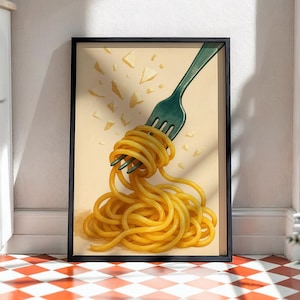 Pasta Wall Art, Italian Kitchen Poster, Spaghetti Fork Printable, Parmesan Cheese Food Illustration, Modern Culinary Decor, Digital Download
