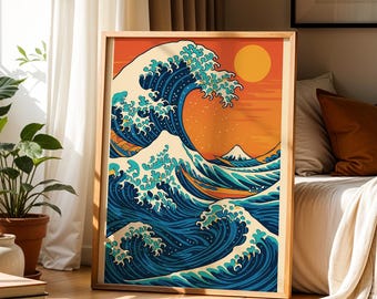 Moderne japanische Wellen Wandkunst, Japandi Poster, Große Welle Sonnenuntergang Druck, Zen-Stil Kunstwerk, minimalistisches Japan Dekor, digitaler Download