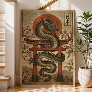 May include: A framed print featuring a green dragon with a red sun backdrop, perched atop a traditional Japanese gate. Cherry blossoms and the Japanese characters for "Japan" surround the dragon. The artwork has a vintage aesthetic.
