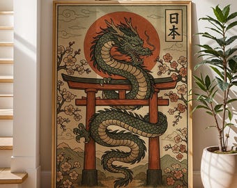 Japanese Dragon & Torii Gate Ink Art Print (Digital Download)