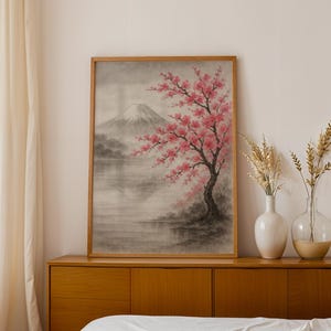 Japanese Sakura Tree Wall Art Printable, Zen Ink Painting with Mount Fuji, Minimalist Cherry Blossom Poster, Sumi-e Style Digital Decor