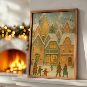 Christmas Village Poster, Snowy Holiday Town Scene Art, Winter Printable, Festive Seasonal Wall Decor, Digital Download Artwork for Home