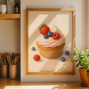 Whimsical Cupcake Wall Art, Berry Dessert Kitchen Poster, Strawberry Raspberry Blueberry Printable, Bakery Cafe Decor, Digital Download