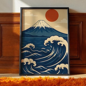 Japanese Waves Fuji Wall Art, Japandi Poster, Retro Print, Ocean Artwork, Printable Japanese Decor for Home, Minimalist Digital Download