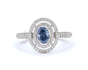 Fancy Vivid Blue Diamond Ring | 0.56 CT Oval, 18K White Gold Double Halo