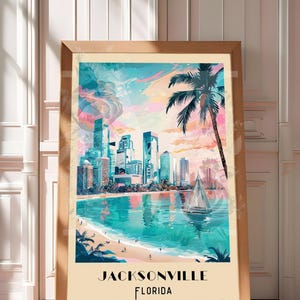 Póster Vintage de Jacksonville, Florida – Arte Digital, Jacksonville Beach, Decoración de Pared, Mapa de Jacksonville FL, Palmera, Playa