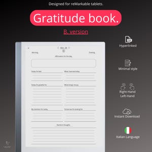 Può includere: Un blocco note digitale bianco e nero con una pagina vuota. La pagina è divisa in sezioni con titoli come "Mattina", "Sera", "Affermazione per il giorno", "Oggi mi sento", "Cosa ho imparato oggi", "Oggi sono grato per", "Cosa mi porta gioia", "La mia intenzione per oggi", "Domani sto cercando", e "Pensieri casuali".