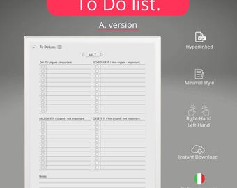 Può includere: Un modello digitale di lista di cose da fare per tablet reMarkable. Il design presenta uno sfondo bianco con un banner rosso che recita "To Do list". Il modello include sezioni per attività urgenti e non urgenti, con la data "Jul. 7."
