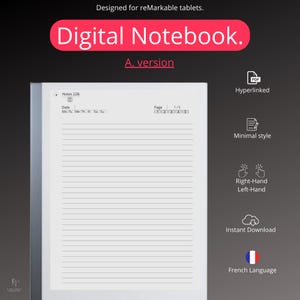 Peut inclure: Un modèle de carnet numérique conçu pour les tablettes reMarkable. Le modèle présente un fond blanc avec des lignes noires et un en-tête qui comprend le texte "Notes 22B", "Date" et "Page 1/5".