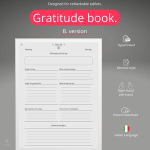 Può includere: Un modello di planner digitale bianco per un diario di gratitudine. Il modello è progettato per l'uso con un tablet reMarkable. Il modello include sezioni per voci del mattino e della sera, con suggerimenti per affermazioni, sentimenti, gratitudine, intenzioni e pensieri casuali.