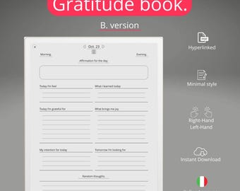 Könnte beinhalten: Eine weiße digitale Planervorlage für ein Dankbarkeitsjournal. Die Vorlage ist für die Verwendung mit einem reMarkable-Tablet konzipiert. Die Vorlage enthält Abschnitte für Morgen- und Abend-Einträge mit Aufforderungen für Affirmationen, Gefühle, Dankbarkeit, Absichten und zufällige Gedanken.