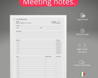 Può includere: Un modello di note di riunione stampabile bianco progettato per tablet reMarkable. Il modello include sezioni per data, argomento, luogo, partecipanti, agenda, priorità, attività, responsabile e scadenza.