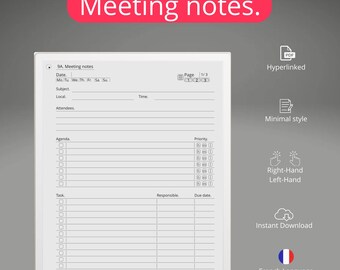 Può includere: Un modello di note di riunione stampabile bianco progettato per tablet reMarkable. Il modello include sezioni per data, argomento, luogo, partecipanti, agenda, priorità, attività, responsabile e scadenza.