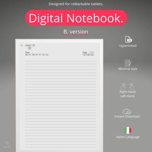 Può includere: Un modello di quaderno digitale per tablet reMarkable. Il modello è progettato in uno stile minimale con pagine a righe e un'intestazione per note, data e numero di pagina. Il modello è disponibile per il download immediato ed è in italiano.