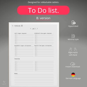 Puede incluir: Una plantilla de lista de tareas blanca para tabletas reMarkable. La plantilla está dividida en cuatro secciones: Hacer, Programar, Delegar y Eliminar. Cada sección tiene una lista de verificación con espacio para escribir tareas. La plantilla también incluye una sección para las tareas de mañana y una sección de notas. La plantilla está diseñada en un estilo minimalista y está disponible para descarga instantánea.