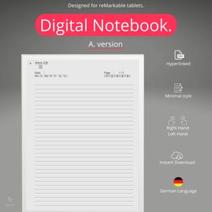 Könnte beinhalten: Eine digitale Notizbuchvorlage für das reMarkable Tablet. Die Vorlage ist für einen minimalistischen Stil konzipiert und enthält ein Datum, eine Seitenzahl und einen Abschnitt für Notizen. Die Vorlage steht zum sofortigen Download bereit und ist in deutscher Sprache.