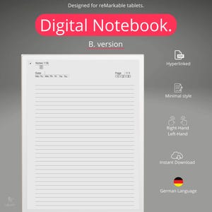 Könnte beinhalten: Eine digitale Notizbuchvorlage für das reMarkable Tablet. Die Vorlage ist im minimalistischen Stil mit linierten Seiten und einer Kopfzeile für Datum und Seitenzahl gestaltet. Die Vorlage ist zum sofortigen Download verfügbar und ist in deutscher Sprache.