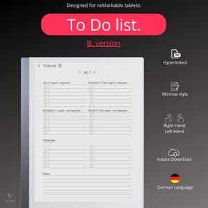 Könnte beinhalten: Eine schwarz-weiße digitale Planer-Vorlage für eine To-Do-Liste. Die Vorlage ist für reMarkable Tablets konzipiert und enthält Abschnitte für "Machen", "Planen", "Delegieren", "Löschen" und "Morgen". Die Vorlage enthält auch einen Abschnitt für Notizen.
