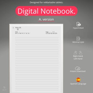 Può includere: Un taccuino digitale bianco con una pagina rigata, il testo "Notes 228." e "Page 1/5" in alto. Il taccuino è progettato per tablet reMarkable. L'immagine include anche icone per PDF ipercollegato, stile minimale, mano destra e mano sinistra, download immediato e lingua spagnola.