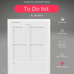 Può includere: Un elenco di cose da fare stampabile bianco per tablet reMarkable. L'elenco è diviso in quattro sezioni: Fai, Pianifica, Delega ed Elimina. Ogni sezione ha una casella di controllo per ogni attività. L'elenco include anche una sezione Note. Il titolo dell'elenco è "To Do List" e il sottotitolo è "A. version".