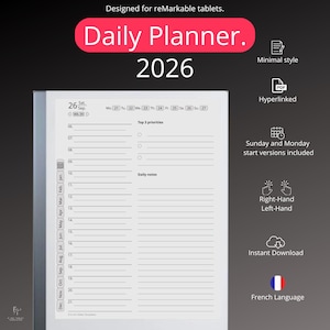 Può includere: Un'agenda giornaliera digitale per tablet reMarkable, datata 2026. L'agenda presenta uno stile minimalista, collegamenti ipertestuali e opzioni per le versioni di avvio domenica e lunedì. Include layout per destrorsi e mancini.