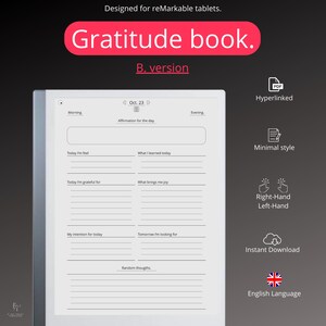 Gratitude Journal for Remarkable 2 Version B (ENGLISH LANGUAGE), Digital Pdf Hyperlinked, E-ink Templates, Daily journal