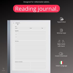 Reading Journal for Remarkable 2 (ITALIAN LANGUAGE), Digital Pdf Hyperlinked, E-ink