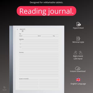 Può includere: Un modello di diario di lettura bianco progettato per tablet reMarkable. Il modello include sezioni per il titolo del libro, l'autore, il genere, il numero di pagina, i punti salienti, il riassunto e le citazioni da ricordare. Il modello è in stile minimalista ed è disponibile per il download immediato.
