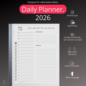 Può includere: Un pianificatore giornaliero digitale per tablet reMarkable, datato 2026. Il pianificatore presenta uno stile minimalista, è ipertestuale e include le versioni di avvio domenica e lunedì. Offre layout per destrorsi e mancini.