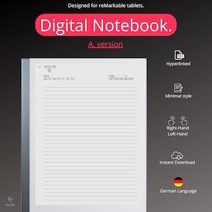 Puede incluir: Una plantilla de cuaderno digital para la tableta reMarkable. La plantilla está diseñada en un estilo minimalista con fondo blanco y líneas negras. La plantilla incluye una sección de fecha, un número de página y una sección para notas. La plantilla está disponible para descarga instantánea y está en alemán.