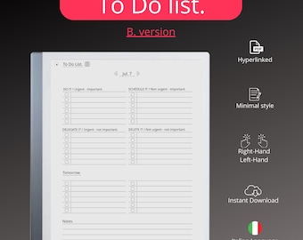 Può includere: Un modello di planner digitale in bianco e nero per un tablet reMarkable. Il modello è diviso in quattro sezioni: Fai, Pianifica, Delega ed Elimina. Ogni sezione ha una lista di controllo e spazio per appunti. Il modello include anche una sezione per le attività di domani e una sezione di appunti.