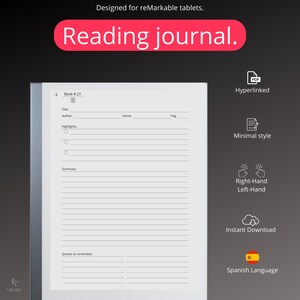 Può includere: Un modello di diario di lettura bianco progettato per tablet reMarkable. Il modello include sezioni per il titolo del libro, l'autore, il genere, il numero di pagina, i punti salienti, il riassunto e le citazioni da ricordare.