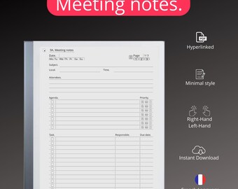 Meeting Notes for Remarkable 2 (FRENCH LANGUAGE), Meeting Minutes, Notebook, Digital Pdf Hyperlinked, Eink