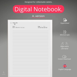 May include: A digital notebook template for the reMarkable tablet. The template is designed for note-taking and includes a date, page number, and lines for writing. The template is in English and has a minimal style.
