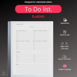 To Do List for Remarkable 2 (ENGLISH LANGUAGE), Digital PDF Hyperlinked, E-Ink, Version B