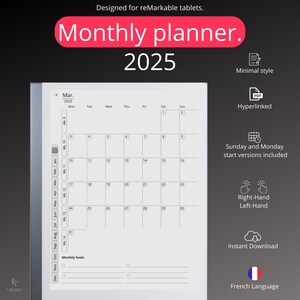 Monthly Planner for Remarkable 2 2025 (FRENCH LANGUAGE), Digital Pdf Hyperlinked, Agenda