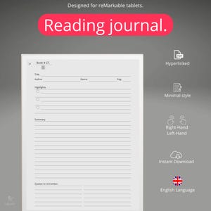 Può includere: Un modello di diario di lettura bianco progettato per tablet reMarkable. Il modello include sezioni per il titolo del libro, l'autore, il genere, il numero di pagina, i punti salienti, il riassunto e le citazioni da ricordare.