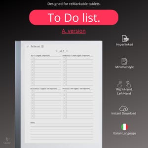 Può includere: Un modello di lista di cose da fare in bianco e nero per il tablet reMarkable. Il modello è diviso in quattro sezioni: Fai, Pianifica, Delega ed Elimina. Ogni sezione ha una casella di controllo e uno spazio per scrivere le attività. Il modello include anche una sezione per le note.
