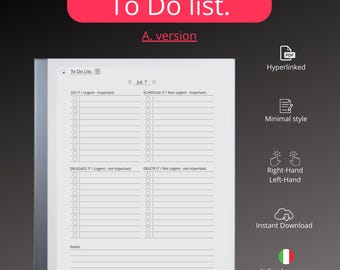 Può includere: Un modello di lista di cose da fare in bianco e nero per il tablet reMarkable. Il modello è diviso in quattro sezioni: Fai, Pianifica, Delega ed Elimina. Ogni sezione ha una casella di controllo e uno spazio per scrivere le attività. Il modello include anche una sezione per le note.