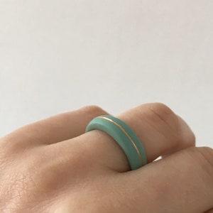 Turquoise Gold Porcelain Ring , Minimalist Narrow Stacking Ring Greystone