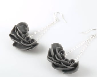 Boucles d’oreilles lustre en argent sterling avec fleurs en porcelaine noire - IlDeRe