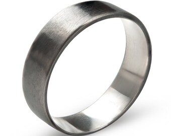 Mens Plain Wedding Ring Sterling Silver 6 mm - FLAT Oxidised Black - Valkyrie , Mens Silver Wedding Band